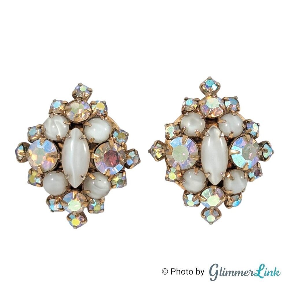 Vintage AB Aurora Borealis & White Stone Cluster Gold Tone Clip On Earrings